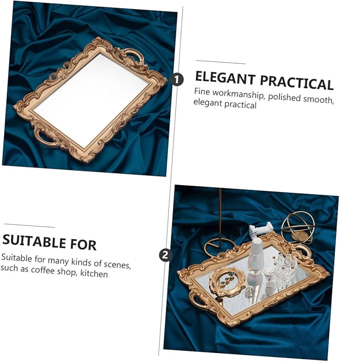 Vintage Golden Mirror Makeup Tray European Style Cosmetics Organizer for Perfume Storage Decorative Vanity Tray for Home Party and Dresser Display