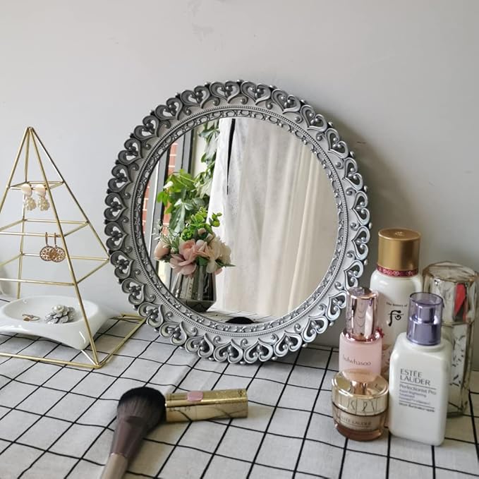 YANIZU Decorative Mirror Tray, Round Hollowed Out Design, Organizer for Makeup, Jewelry, Perfume, Vintage Display and Serving Tray for Dresser, Counter and Coffee Table, 12''X 12'', Silver