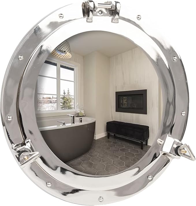 Porthole Mirror - 10 Inch Nickel Silver White Finish | Nautical Wall Décor for Bathroom and Bedroom | Antique Wall Mounted Aluminium and Steel Alloy Vintage Port Hole Window Décor