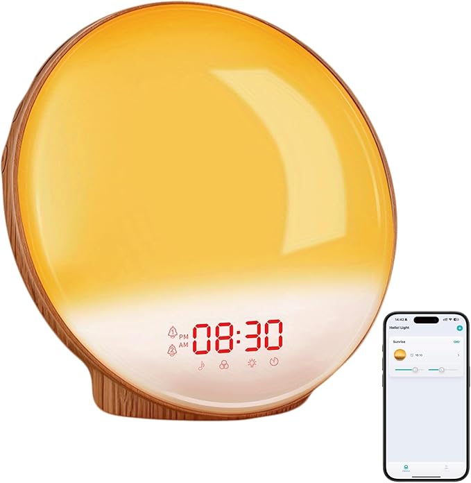 Smart Sunrise Alarm Clock with No Signup APP Control & Wake-Up Light, 4 Alarms, Sound Machine, FM Radio, Wireless Speaker, Wood Grain