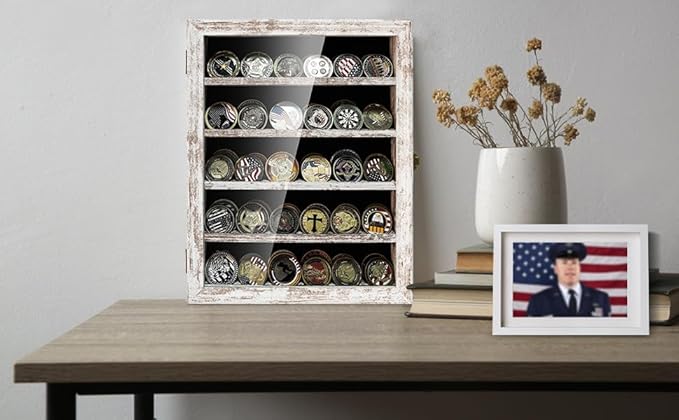 Military Challenge Coin Display Case Holder with HD Toughened Glass and Wall Mount, Wooden Coin Stand Rack with Removable 2 Grooves Shelves, Rustic White…