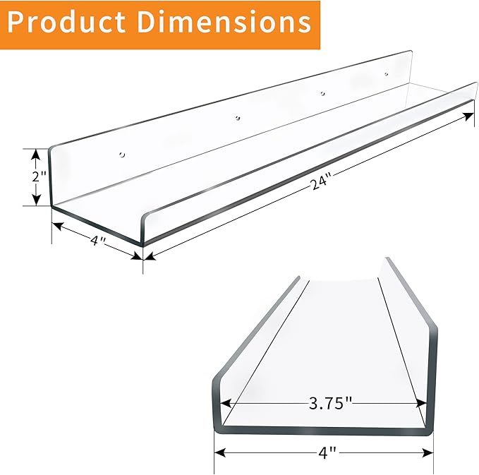Febwind 24-Inch Long Clear Acrylic Floating Shelves - U Shape Wall Shelf for Book Display, Makeup, Spice Organizer - 2 Pack