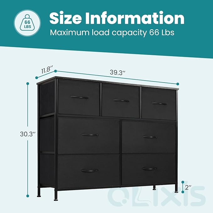 OLIXIS Dresser for Bedroom with 7 Fabric Drawers Storage Organizer Closet Chest Clothes Cabinet Vertical Dresser for Living Room Entryway Hallway,Black