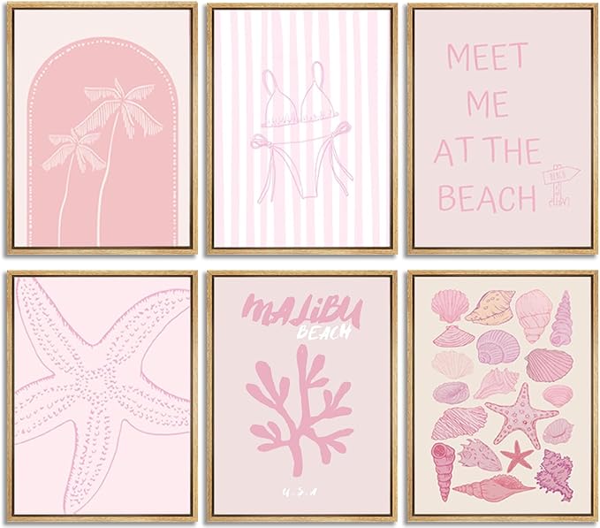 6Pcs Pink Coastal Preppy Wall art Beach Granddaughter Aesthetic Room Painting Picture Wall Decor Shells Oyster Starfish Poster Print Artwork for Girls Room Girls Dorm Home Decoration 12x16in