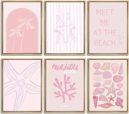 6Pcs Pink Coastal Preppy Wall art Beach Granddaughter Aesthetic Room Painting Picture Wall Decor Shells Oyster Starfish Poster Print Artwork for Girls Room Girls Dorm Home Decoration 12x16in