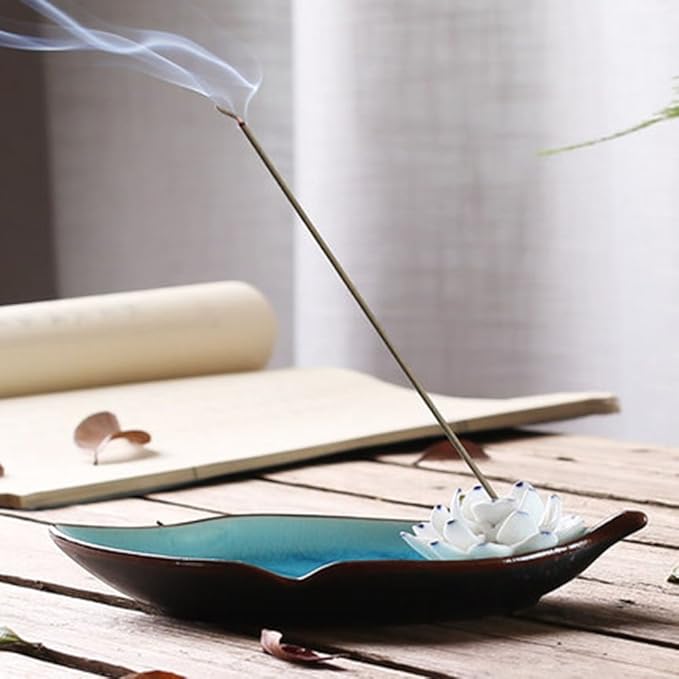 Incense Holder for Sticks, Ceramic Incense Ash Catcher Tray, Leaf-Shape Tray and Lotus Sticks Holder (Sky Blue)