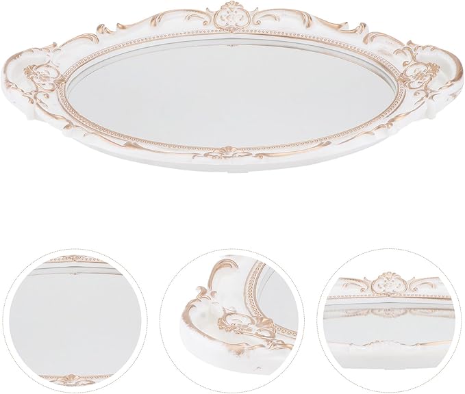 Oval Vintage Decorative Mirror Tray for Jewelry and Makeup Organizer Antique Style Photo Prop and Serving Display Elegant White Vanity Tray for Home and Events