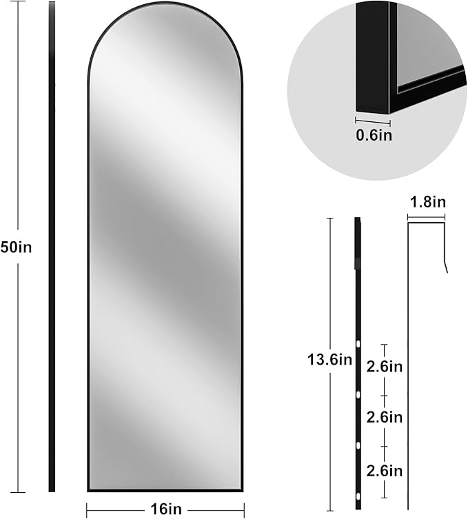 Rowjut Full Length Door Mirror, Wall Mounted Wall Mirrors, 50"X16" Arched Behind Door/Full Length Mirror for Use in Living Rooms, Rooms, Bedrooms, Cloakrooms, etc. (Black)