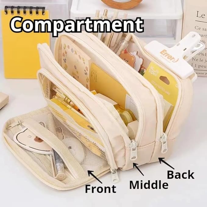 Big Capacity Pencil Case 3 Compartments Large Pencil Pouch Pen Bag Pencil Box Holder Organizer Simple Storage Aesthetic Stationery Cosmetic for Adults Men Women Office Essentials (Blue)