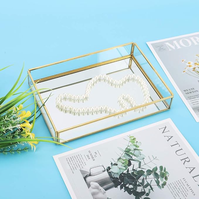 Hapivida Golden Vintage Glass Box, Vintage Glass Jewelry Organizer Box, Clear Glass & Brass Metal Storage Jewelry and Cosmetic Makeup Case Holder Organizer(Large)