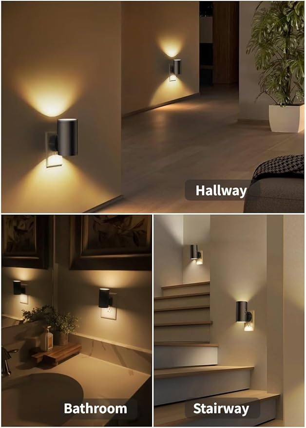 TSEXES 4 Pack LED Night Light Plug in, Dusk to Dawn Sensor,5-300LM Adjustable Brightness, Soft White 3000K,Dimmable Night Lights for Kitchen,Hallway Bedroom,Stairs