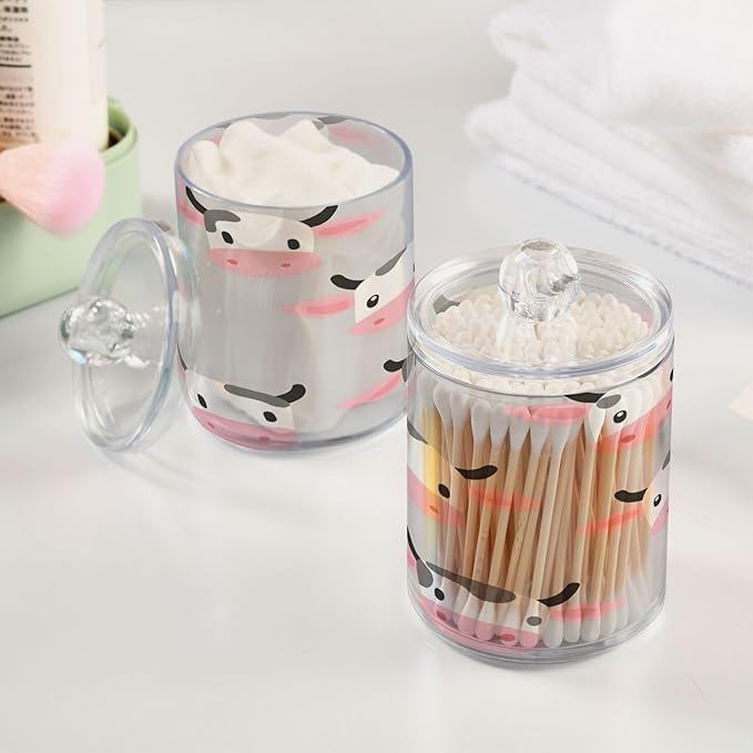 Nander 2Pack Cute Cartoon Cow Qtip Holder Dispenser -Clear Plastic Apothecary Jars Set - Restroom Bathroom Makeup Organizers Containers for Cotton Swab, Ball, Pads, Floss