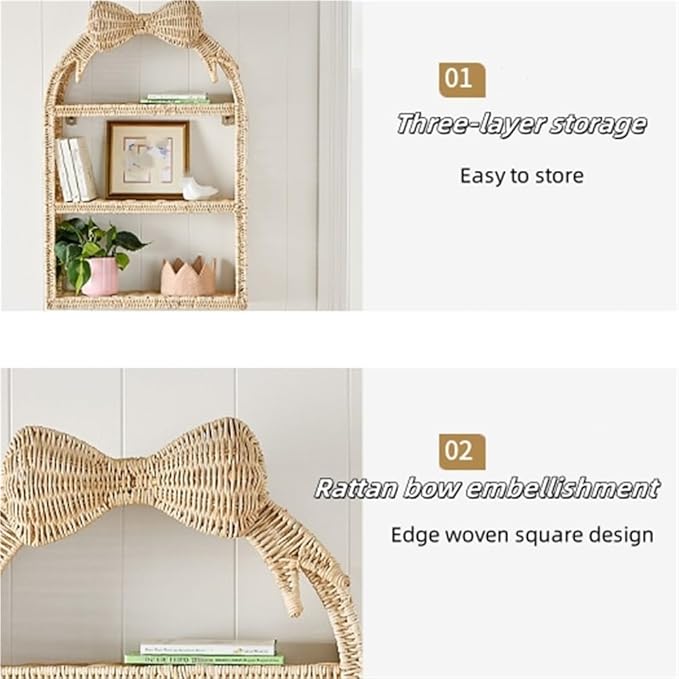 Rattan Wall Hanging Storage Basket, Boho Wall Decor and Woven Wall Shelf, Decorative Rattan Floating Shelves for Bohemian Style House, Cute Wall Art Above Couch or Bed