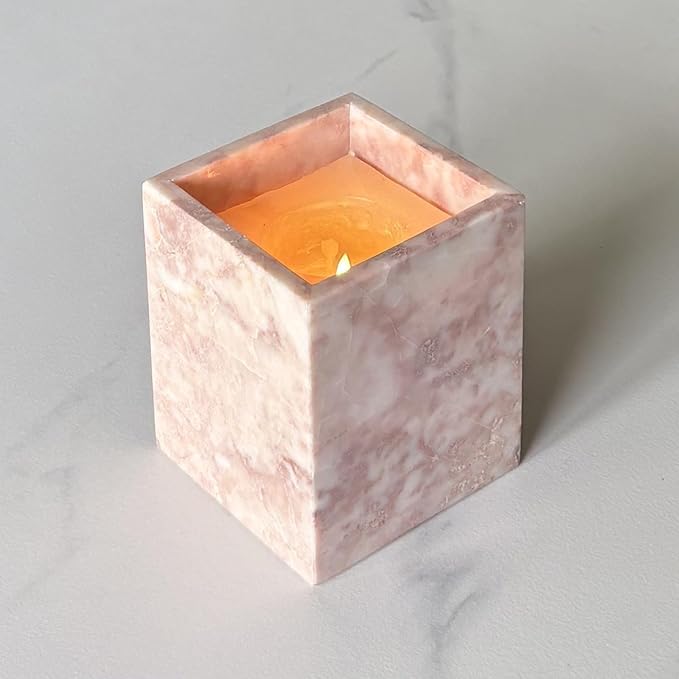 Natural Marble Stone Square Storage Container Empty Vessel Holder Cup for Candle/Pens/Sundries items (Cream Rose)