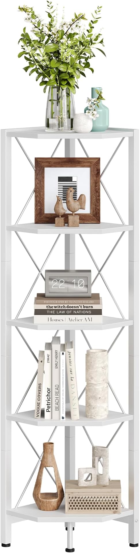 CHOEZON 5-Tier Corner Shelf, Corner Bookcase, 55.2" Tall Vertical Display Rack, Plant Stand, Open Storage Shelf, for Living Room, Bedroom, Study, Kitchen, White TCJ12WB