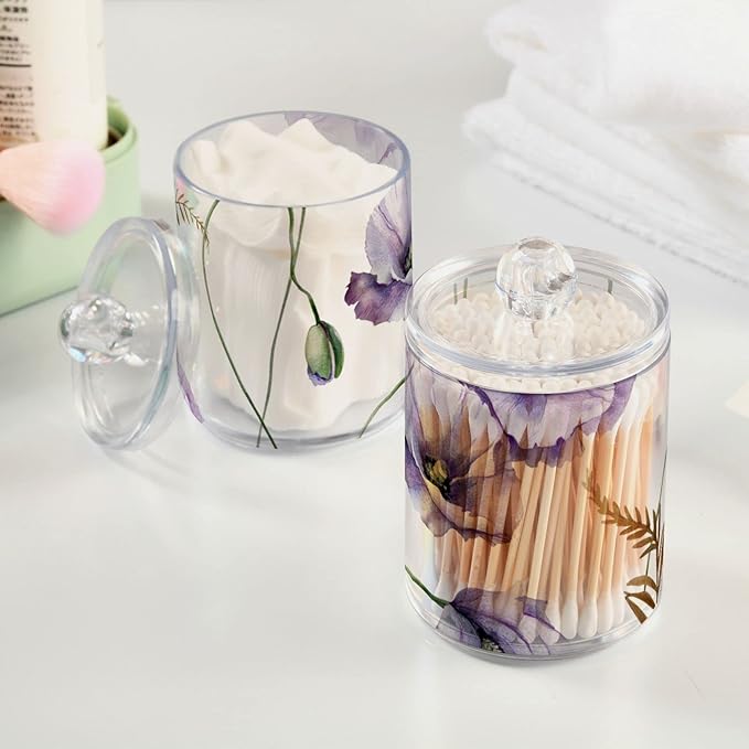2 Pack Qtip Holder Dispenser for Cotton Ball Watercolor Flowers Purple Poppies Cotton Swab Round Pads Clear Plastic Acrylic Jar Set Bathroom Canister