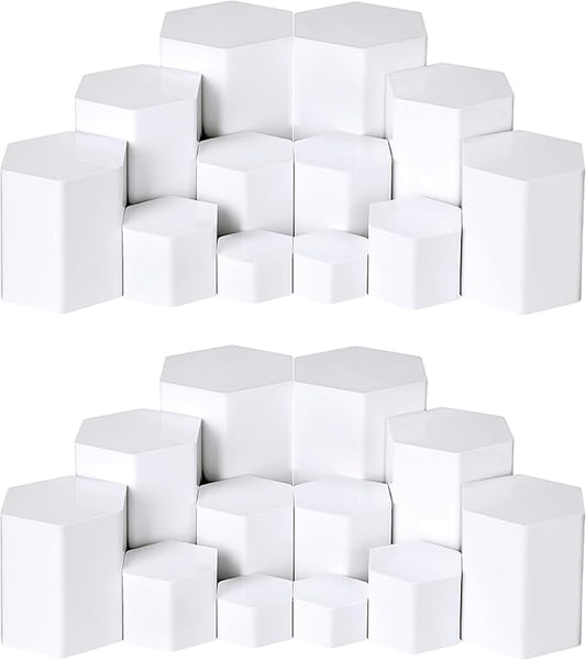 Jetec Hexagonal Jewelry Display Risers Hexagonal Market Display Risers Stands Acrylic Showcase Acrylic Stand for Jewelry Model Figures Decoration, 6 Sizes(White,24 Pieces)