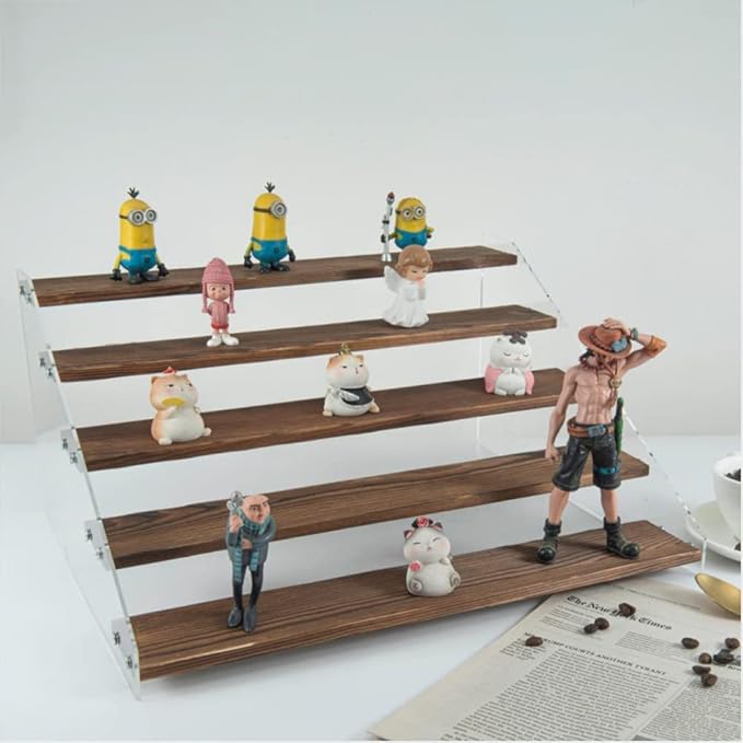 2 Pack Large 5 Tier Acrylic Display Stand 16*13*7.8 inches for Figures Wooden Risers Display Case for Craft Fair Acrylic Cupcake Stand for Dessert Table Cologne Organizer for Men (BROWN)