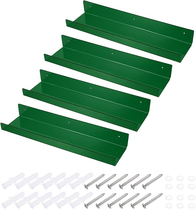 MECCANIXITY 4 Pack Acrylic Shelves for Wall, 15 Inch Green Floating Shelves Wall Mount Display Shelf Organizer for Bathroom, Bedroom, Living Room, Room Decor