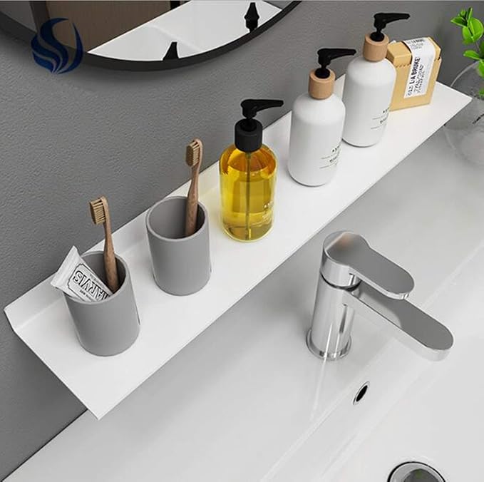 Chrasy Floating Wall Shelf Adhesive Wall Mounted Bathroom Vanity Organizer Alumium Metrial Shelf for Home Decor/Kitchen/Bathroom Storage 40cm/ 15.7Inches, Non-Drilling (White)