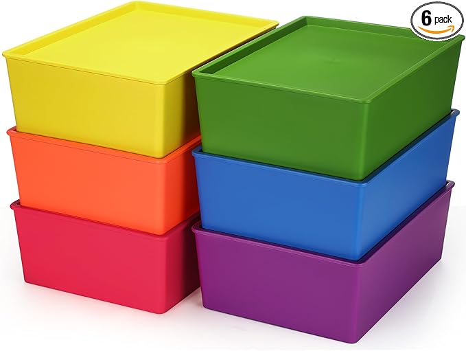 Menkxi 6 Pcs Large Plastic Storage Bins with Lids 14.4 x 10.4 x 5.1 Inch Stackable Storage Containers Decorative Cubby Organizer for Clothes Shelves Garage Closet Office (Colorful)