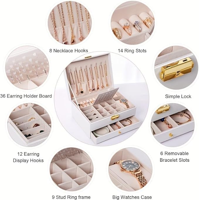 GUOER Jewelry Box for Women Girl Wife - Large PU Leather Jewelry Organizer Storage Case with Two Layers Display for Earrings Bracelets Rings Watches (White)