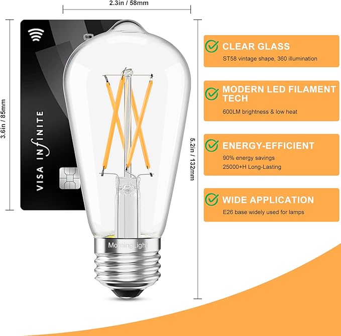 MorningLight 12 Pack Dimmable Vintage LED Edison Bulbs 60Watt, E26 LED Edison Bulbs 60 Watt Warm White 2700K, ST58 Antique Decorative Filament Bulb 6W for Farmhouse Pendant, Porch Lights, 600LM