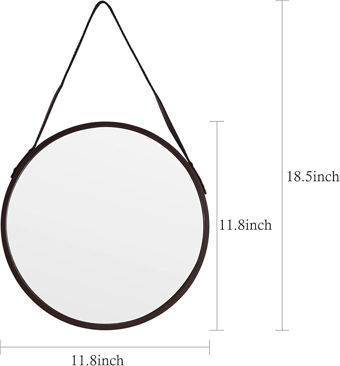 Brown Round Hanging Mirror, 11.8 Inch Farmhouse Mirror with Leather Hanging Rope for Bathroom, Bedroom, Living Room, Entryway Home Decor. (Brown, S-11.8in)
