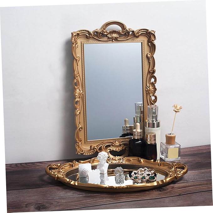 GALPADA European Vintage Mirror Tray Makeup Organizer Perfume Storage Plate Gold Rectangular Decorative Vanity Tray for Home Décor and Photography Display