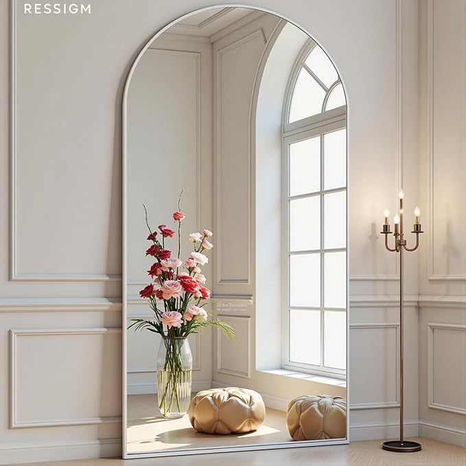 Dewfig Arched White Full Length Mirror,76"X34" Large Floor Mirror, Full Body Mirrors for Leaning or Hanging, Standing Mirrors for Bedroom, Living Room,Dressing Room, Aluminum Alloy Frame, White