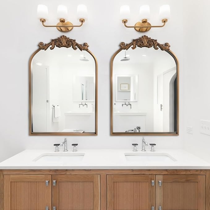 HQiJun Wall Mirror Window Decorative Traditional Vintage Ornate Baroque Mirrors Antique Arched Farmhouse for Living Room Bedroom Entryway Bathroom Vanity (27 * 19 * 1.2, Gold)