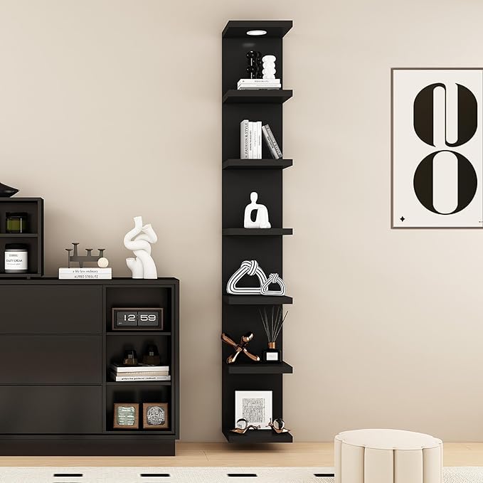 LitaEther Versatile 7 Tier Wall Shelf Unit,Black Lack Wall Shelf,Display Floating Shelf with LED Remote Control Light