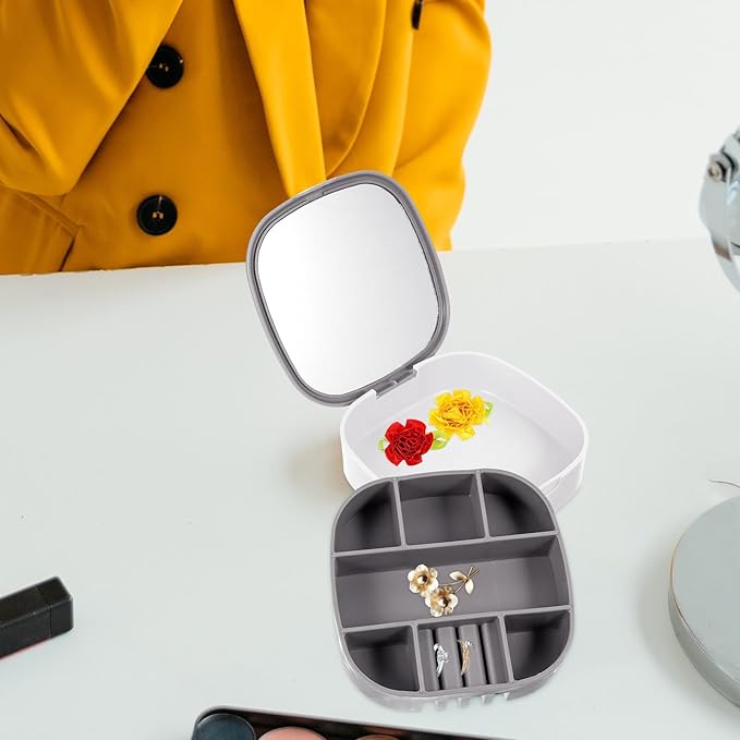 Baluue Travel Jewelry Box Organizer with Mirror, Portable Necklace Ring Earring Storage Case, Gray White Jewelry Display and Makeup Organizer for Outdoor Use