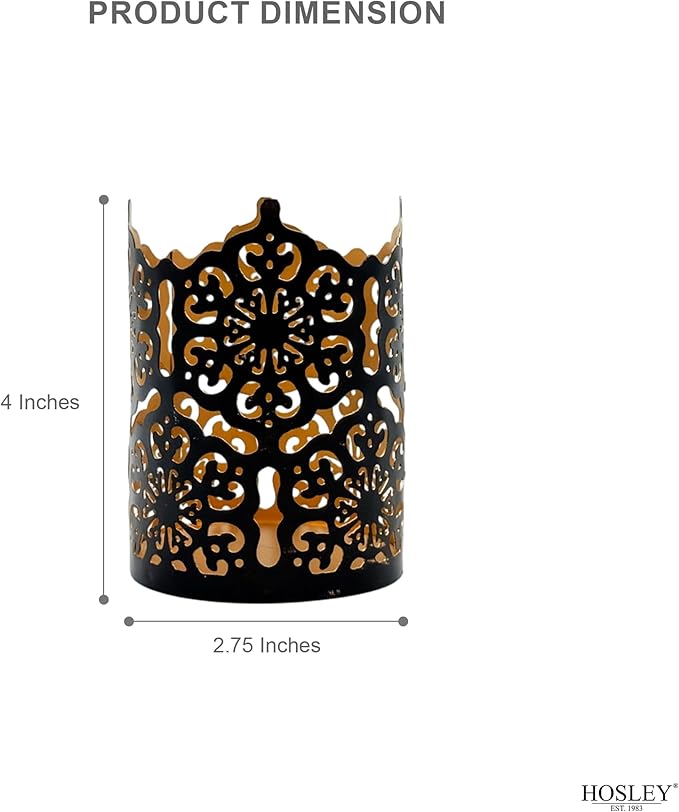 Hosley Set of 3 Black Metal Candle Holders 4 Inch High - Lattice Cut Lanterns for Table Centerpiece, Wedding, Home Decor, Indoor Outdoor