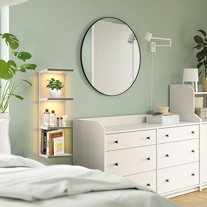 VIWODS 4-Tier Wall Shelf Unit with LED Lights, Floating Lack Shelf for Home Decor, Wall Mounted Vertical Display Shelf for Bedroom Living Room Vanity, White