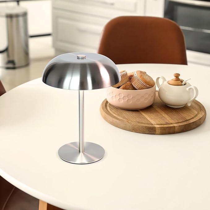 Portable LED Mushroom Table Lamp, 8.46'' Metal Small Cordless Desk Night Light with 5200mAh Rechargeable Battery, Stepless Dimming Lamp with 3 Colors for Bedroom/Bar/Coffee Shop (Silver)
