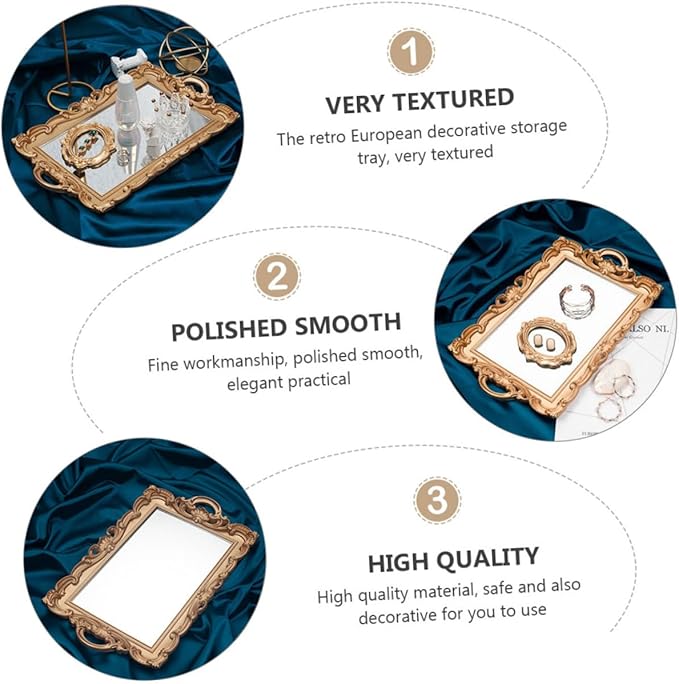 Lurrose Retro European Mirror Tray Decorative Storage Plate for Cosmetics and Perfume, Golden Rectangular Makeup Organizer for Vanity and Photo Props, Household Display Accent