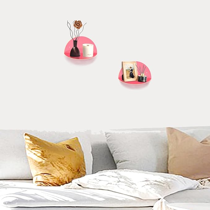 ROYALITA Small Acrylic Shelves Room Decor Floating Shelves (2-Pack, 8-inch Diameter) - Wall Mounted Display Stand for Plants, Toys, Makeup, and More - Ideal for Home and Office, Pink