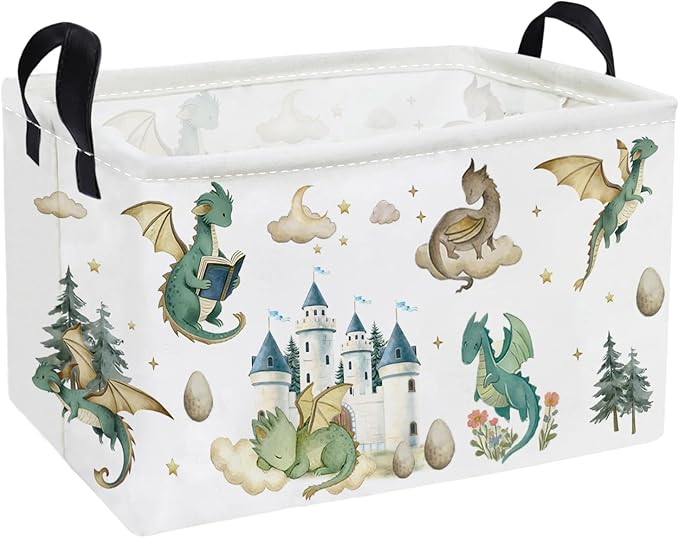 Essme Rectangular Kids Baskets,Dinosaur Storage Box,Cute Basket for Kids with Handles for Room Decor, Book Bins,Shelf Basket.（Castle Dinosaurs