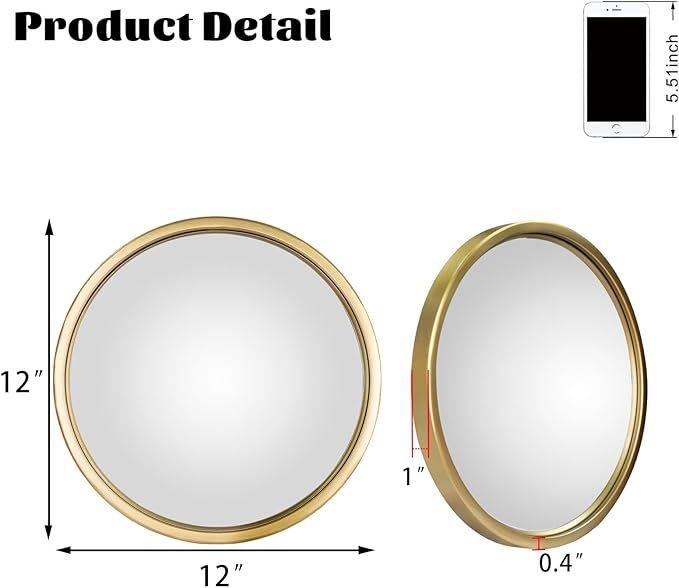 12" Gold Round Convex Mirror, Small Circle Wall Mirror with Thick Metal Framed, Round Decorative Wall Mirrors for Bathroom, Vanity