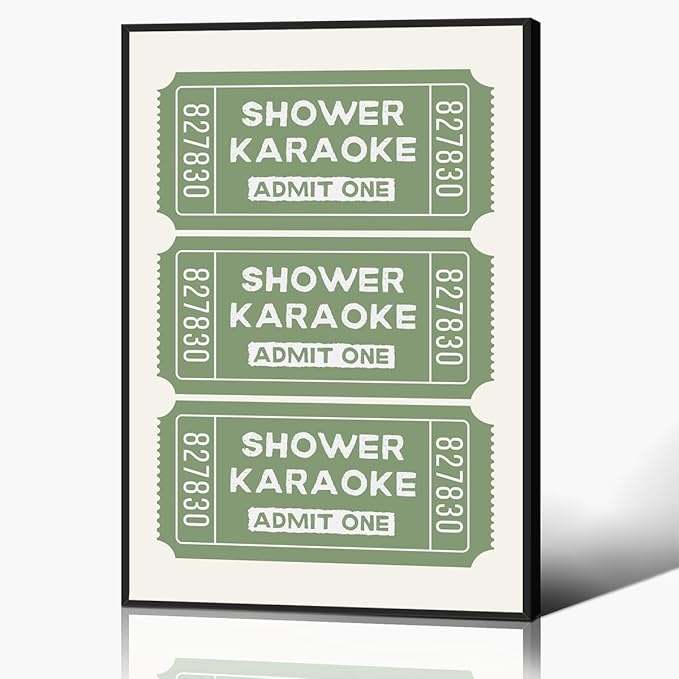 Sage Green Shower Karaoke Wall Art, Trendy Admit One Ticket Canvas Poster, Funny Bathroom Wall Art Print, Cute Quotes Wall Decor for Restroom Guestroom 8x12in Framed