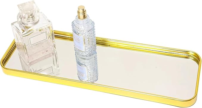 Luxury Mirrored Vanity Tray, Large Rectangular Stainless Steel Perfume Organizer, Gold Glass Mirror Decorative Tray for Makeup, Jewelry, Dresser, Bathroom Countertop (Gold)