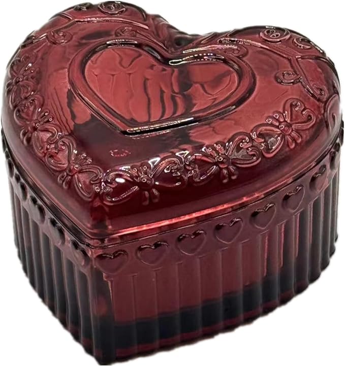 Glass Jewelry Box Heart Shape Cute Box for Storage Ring Earring Trinket Vintage Jewelry Organizer Decorative Gift for Women Girls-GRB003-Red