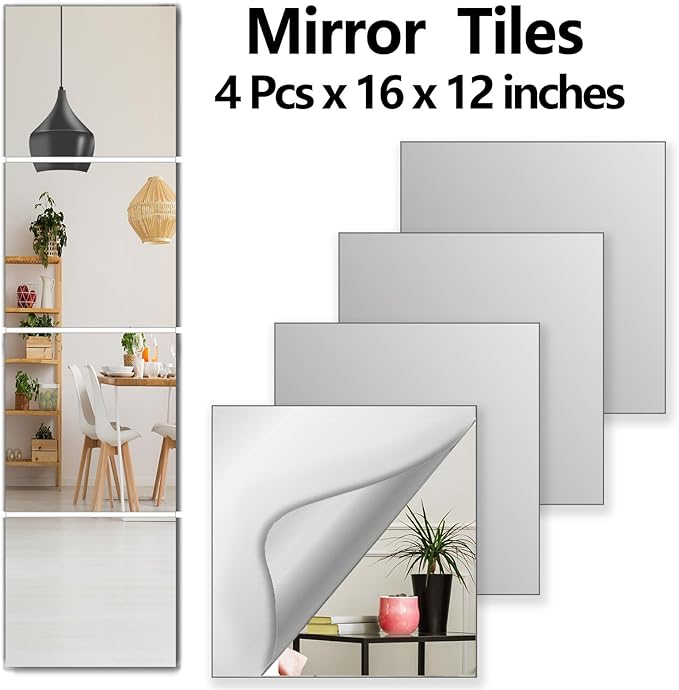 Shatterproof Wall Mirror Full Length for Bedroom, Acrylic Gym Mirrors For Home, Extra Thick : 0.12 Inch, 4 PCS x 16 x 12 Inches, Workout Mirrors Safe for Kids, Over The Door, Long Wall Mounted Mirror