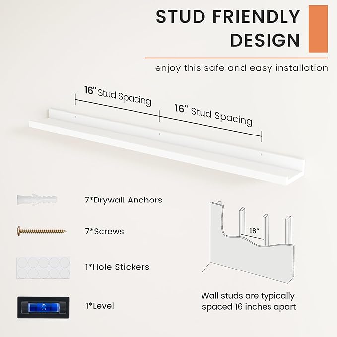 FLYJOE Picture Ledge Shelf, Floating Shelves Set of 2, 44 Inches Nursery Book Shelves for Toys Storage, Kids Bookshelf Wall Mounted for Living Room Bedroom Decor Books Photo Frames, White