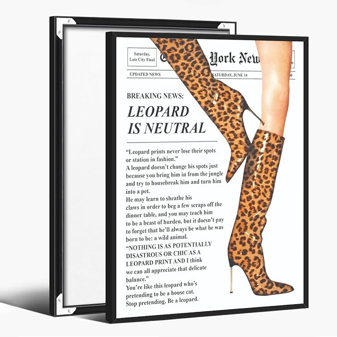 Trendy Newspaper Posters Vintage Leopard Boots Poster Feminist Canvas Prints Retro Fashion Bar Cart Magazine Cover Wall Art for Hot Girl Preppy Y2k Aesthetic Room Home Decor 16x24inch black framed