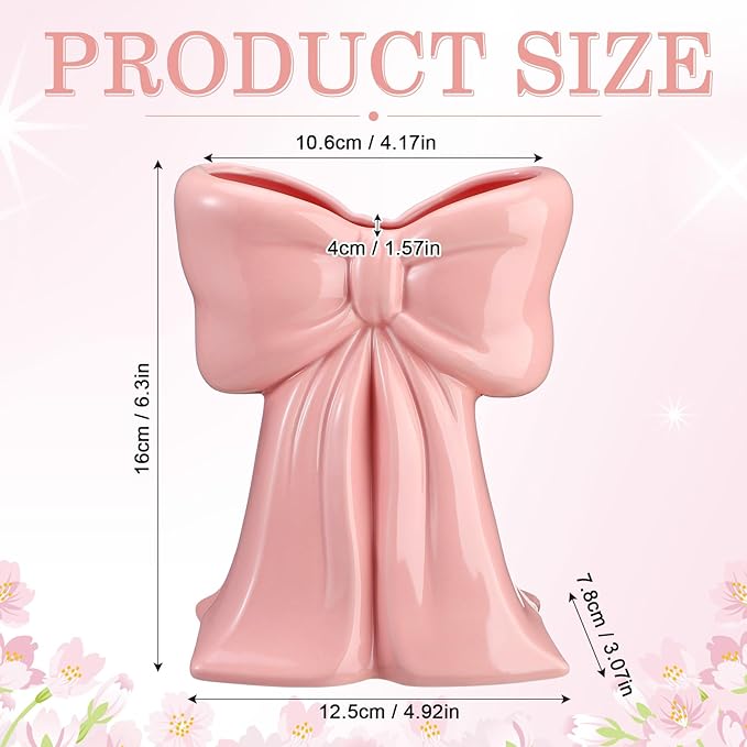 Jingmore Pink Bow Vase Coquette Ceramic Vase Pen Holder Makeup Brush Holder Contemporary Design Decorative Women Gift for Wedding Home Office Shelf Table Room(Medium, Elegant)