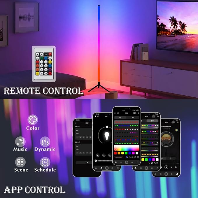 RGB LED Corner Floor Lamp，DIY Floor Lamp with Music Sync and 16 Million Colors, 15 Dynamic Modes, App & Remote Control,Standingl Corner Changing Ambience Light, for Living Bedroom Room Gaming Room