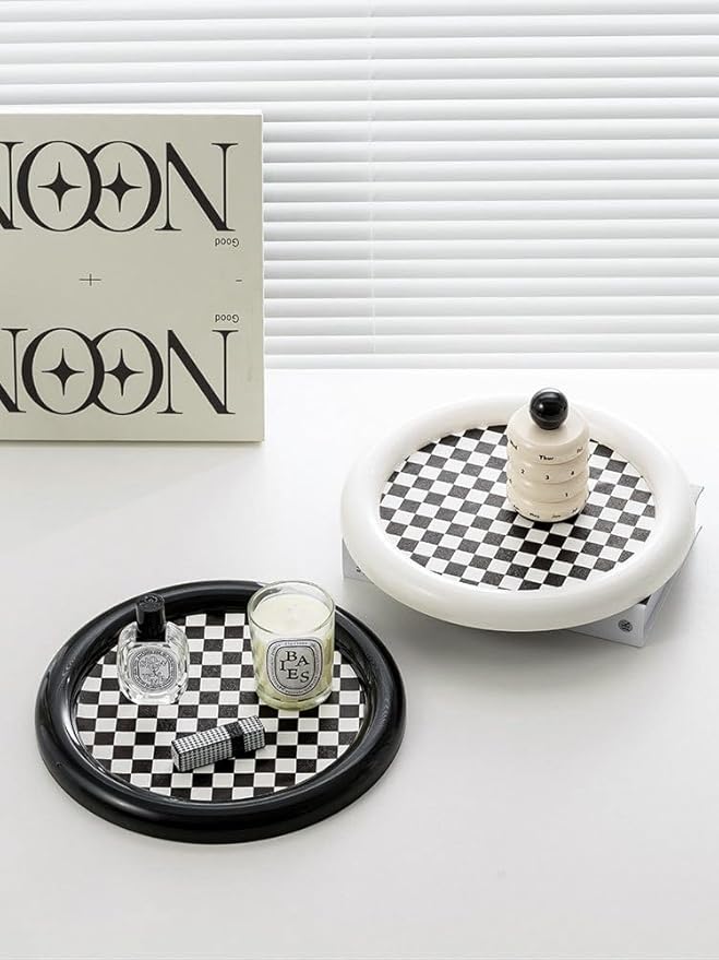 Ciandid Checkered Decorative Tray, Retro Jewelry Tray Dresser Tray for Makeup Perfume Organizer, Aromatherapy Reed Diffuser Tray Vanity Tray for Bathroom(Black)