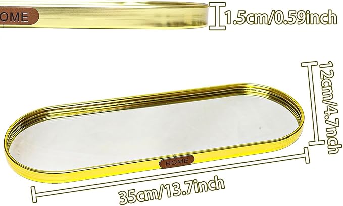 Gold Mirrored Vanity Tray, Large Oval Stainless Steel Perfume Organizer, Decorative Glass Mirror Tray for Jewelry, Makeup, Skincare, Bathroom Countertop & Dresser Decor (Oval-Large)